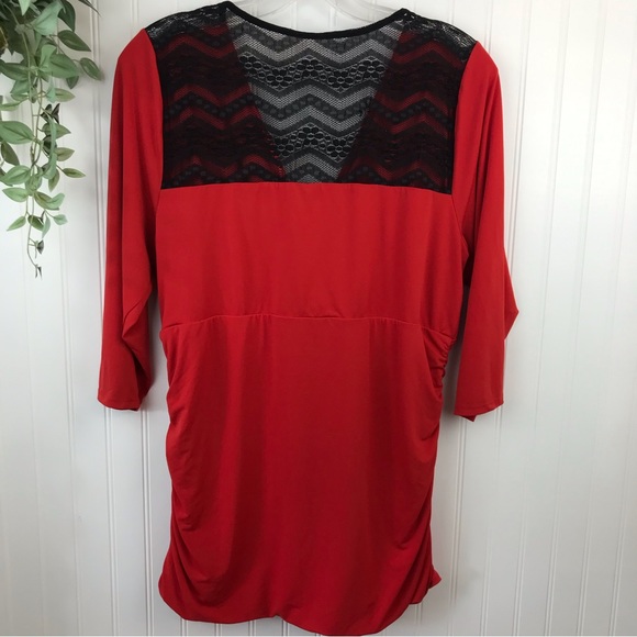 TORRID Plus Size 3 Red Long Top with Black Lace, Rushing, Wrap Neck, Holiday - Picture 6 of 9